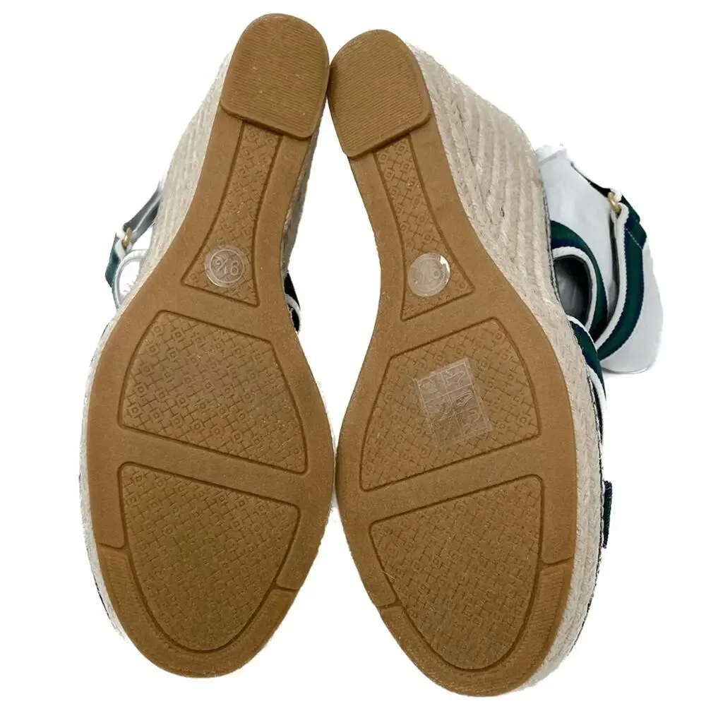 Tory Burch Frieda Green Navy White Stripe Canvas Leather Espadrilles size 9.5